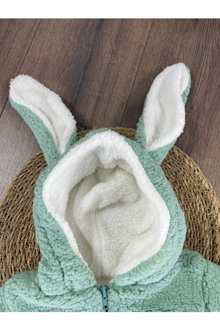 101 Dalmaçyalı Çift Kat Wellsoft Kürklü Tavşan Kulak Unisex Kışlık Bebek Tulum Yeşil
