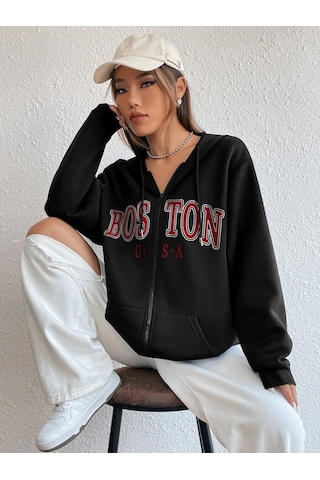 Altamira Unisex Bej Boston Baskı Kapüşonlu Hırka 001