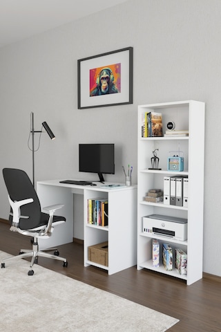 Kitaplıklı Çalışma Masası Bilgisayar Masası Raflı Öğrenci Ofis Masası 5 Raflı Ders Çalışma Masası Beyaz