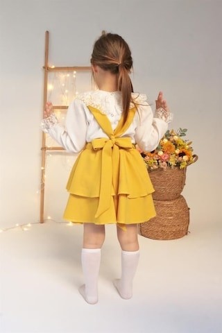 Kız Çocuk  Helen Sarı Askılı Kat Kat Bağlama Jile Elbise Dantel Detay Ekru Uzun Kollu Bluz Takım