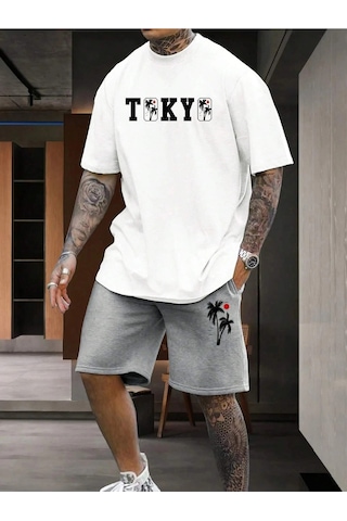 Unisex Tokio Baskılı Bisiklet Yaka Beyaz T-shirt Gri Şort Beyaz