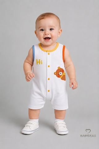 Babyden's Erkek Bebek Tulum Yazlık Pamuklu Şortlu Çıtçıtlı Ayıcık Baskılı Bebek Tulumu Yenidoğan Bebek Giyim 0-9 Ay Beyaz