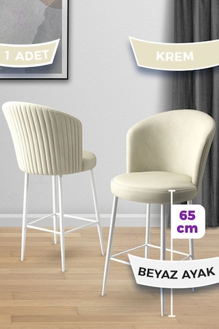 Canisa Alte Serisi 1 Adet 65 Cm Krem Ada Mutfak Bar Sandalyesi Babyface Kumaş Beyaz Metal Ayaklı Sandalye Kremm Ayaklar Beyaz
