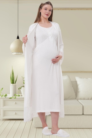 Mecit Pijama Mecit 6204 Ekru Hamile Lohusa Dantelli Sabahlık Gecelik Takım