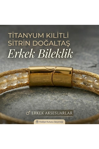 Sitrin Doğal Taş Erkek Bileklik - El Yapımı - Hediye Kutulu Açık Sarı