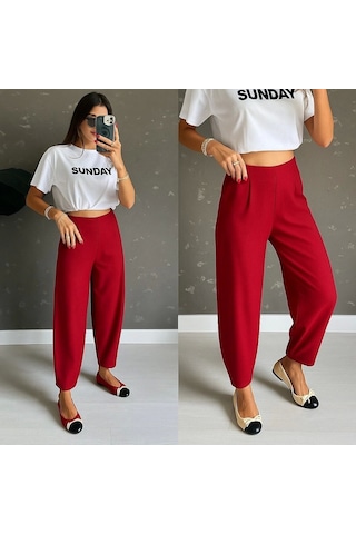 Defymoda Kadın Yüksek Bel Krep Pantolon Kırmızı