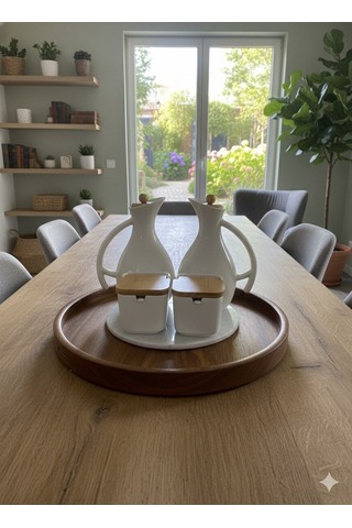 Qerhome Yuvarlak Mermer Stantlı Porselen 2'li Yağlık & Porselen 2'li Tuzluk Mutfak Seti Beyaz