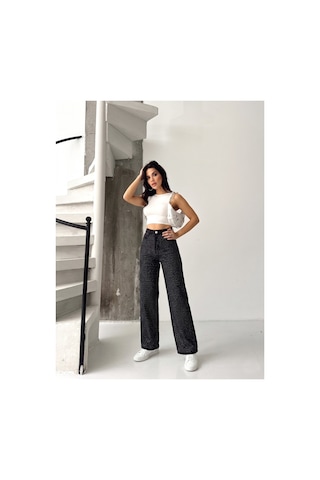 Kene Jeans Ön Taşlı Siyah Denim Wide Leg/bol Paça Pantolon Siyah