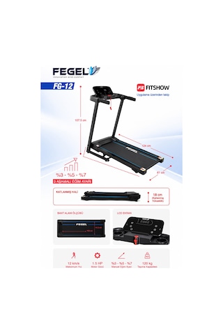 Fegel FG-12 Manuel Eğimli FitShow Destekli Bluetooth Hoparlörlü Katlanabilir Koşu Bandı