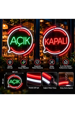 Açık Neon Led Tabela 60x30 Cm Işıklı Pleksi Vitrin Tabelası İşletme Dekorasyon