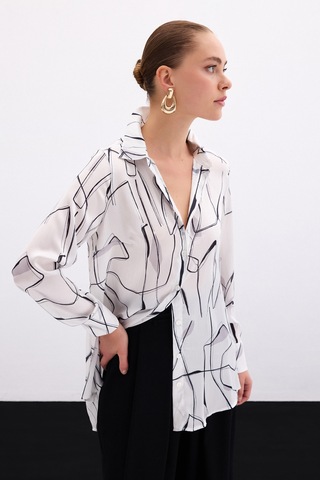 Sateen Yırtmaç Detaylı Gömlek - Ekru-136103 Ekru