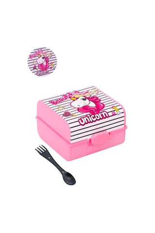 Flosoft Unicorn Beslenme Kutusu, Unicorn Desenli 3 Bölmeli Kilitli Çatal-Kaşıklı Okul Beslenme Kabı