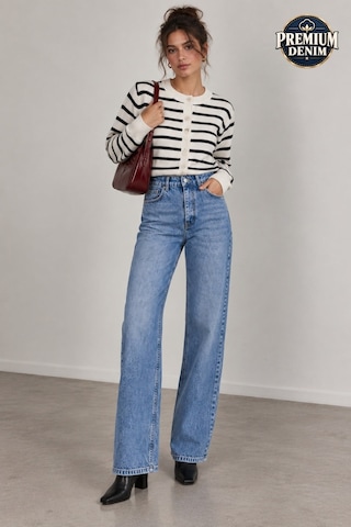 Vadon 1055 Kadın Yüksek Bel Kar Yıkamalı Wide Leg Geniş Paça Jean Pantolon Mavi