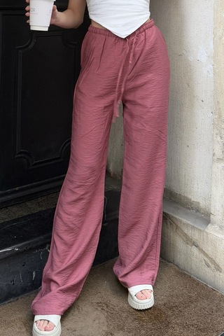 Pembe Keten Karışımlı Bol Kesim Pantolon Gül Kurusu