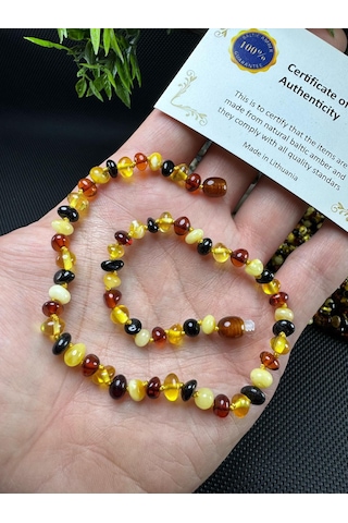 Kehribar Bebek Diş Çıkarma Kolyesi Altın