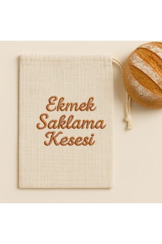 Ekmek Saklama Kesesi Müslin Nakışlı Ekru