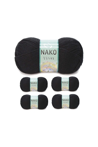 5 Adet Vizon Premium Akrilik El Örgü İpi Yünü Renk No:217 Siyah RYL-NWNKVZ217-5