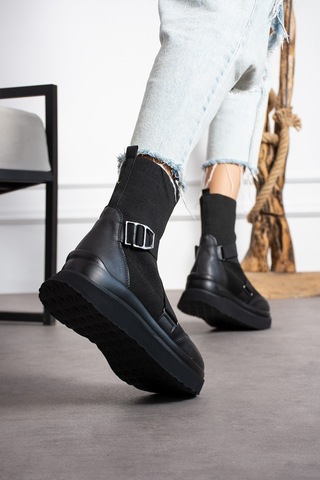 Dabab Shoes Katiana Kadın Siyah Lastik Detaylı Rahat Kalın Taban Triko Spor Bot