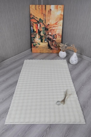 Dekoratif Bubble Uzun Tüylü Yumuşak Puffy Peluş Kaymaz Yıkanabilir Salon Koridor Halı Yolluk Krem 120 X 180 Çok Renkli