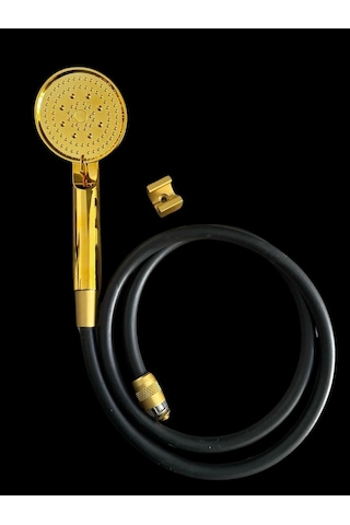 Rudi Armatür 5 Fonksiyonlu Gold Duş Başlıklı /siyah Gold Pvc Hortumlu Mafsallı Duş Seti Gold
