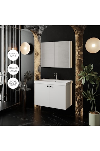 Karen Banyo Mimoza 80 Cm Seramik Lavabolu, Aynalı Banyo Dolabı Seti Lavabo Dahil Komple MDF