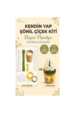 Beyaz Papatya Şönil Çiçek Yapım Kiti - Kendin Yap Hobi Seti Dıy Çiçek Kiti