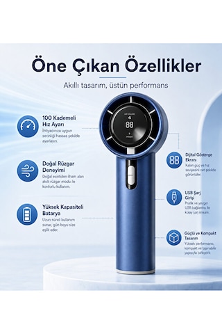 100 Kademeli Dijital Göstergeli Şarjlı El Fanı Mavi Taşınabilir Yüksek Hızlı Mini Lacivert