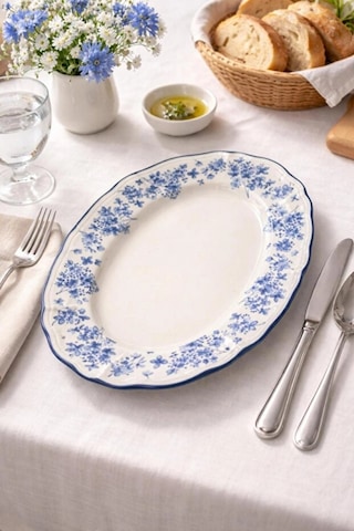 Acar Vintage Garden Mavi Çiçek Desenli Beyaz Porselen Oval Tabak 25x18 Cm Çok Renkli