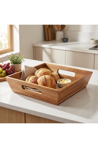 Lexroo Akasya Ekmek Sepeti 20 X 20 Cm, Kulplu Ahşap Ekmeklik, Kare Kahvaltı Ve Sunum Sepeti, Poğaça Çok Renkli