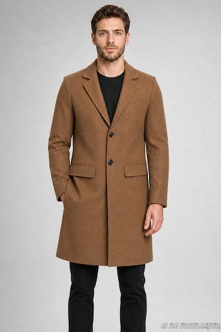 Freemen Erkek Slim Fit Klasik Yaka 3 Düğmeli Uzun Kaşe Kaban-425 Vizon