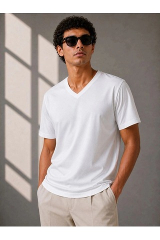Freedom Storee Erkek V Yaka Basic Tişört Kısa Kol Yazlık Regular Fit T-shirt - Beyaz Çok Renkli