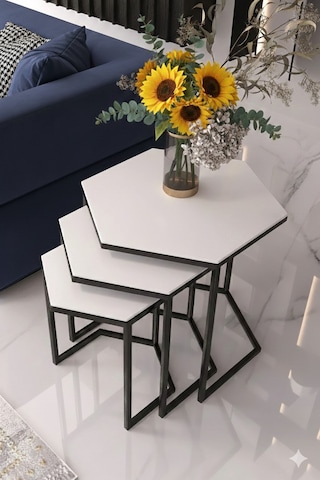 Vatoz Altıgen Siyah Metal Beyaz Mdf Tablalı 3lü Zigon Sehpa Beyaz