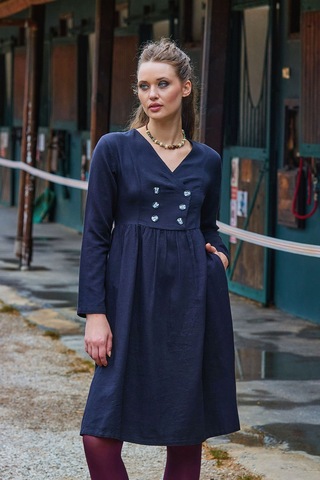 V Yaka Düğme Detaylı Fermuar Kapamalı Uzun Kollu Elbise Siyah