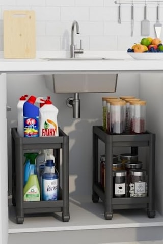 Orret Home 2 Katlı Tekerlekli Tezgah Altı Raf Organizer Düzenleyici Raf Ünitesi, Evye Altı Dolap İçi Düzenleyici, Mutfak Banyo Deterjanlık Şampuanlık Sebzelik,taşınabilir Saklama Rafı Siyah