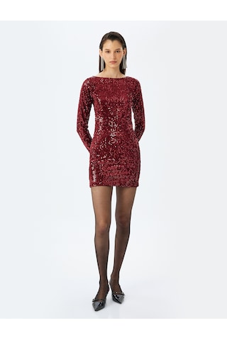 Koton Yuvarlak Yaka Uzun Kollu Slim Fit Mini Pullu Payetli Kalem Elbise Bordo 5wak80348ek Bordo
