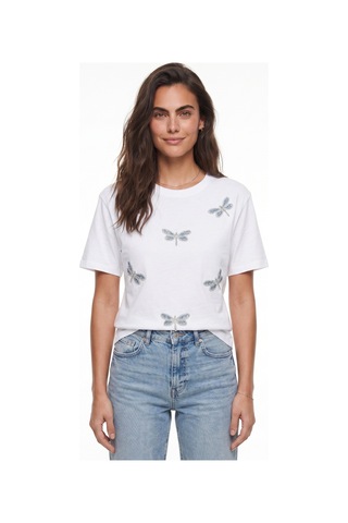 Onloox Kadın Beyaz Beyaz Pamuklu Esnek Kumaş Bisiklet Yaka Rahat Kalıp Boncuk Taş İşlemeli Yusufçuk Desenli T-shirt