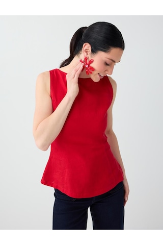 Jimmy Key Kırmızı %100 Keten Bisiklet Yaka Kolsuz Dokuma Bluz 6sw037296600