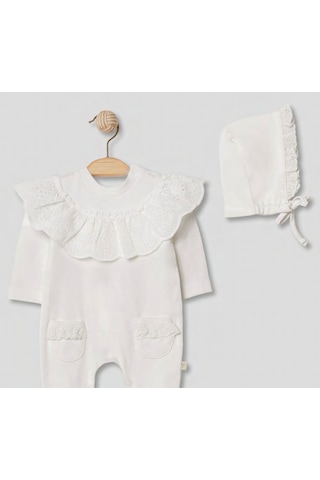 Pugi Baby Dantel Yaka Detaylı Bebek Tulum & Şapka Takımı Ekru