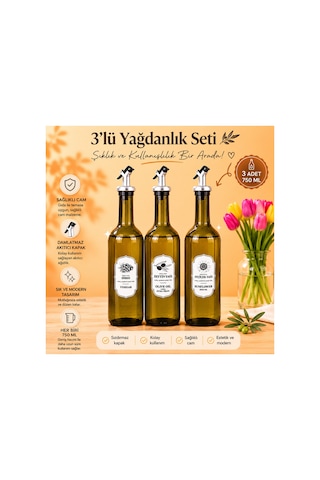 3'lü Cam Yağdanlık Seti Başlıklı Sirke Zeytinyağı Ayçiçekyağı Şişesi Yağlık 750 Ml Yeşil