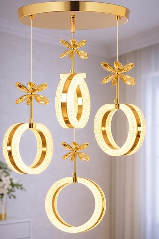 4'lü Alyans Gold 3 Renk Modlu Kristal Taşlı Ledli Avize Altın