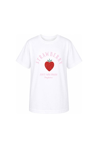 Trender Strawberry Kısa Kol O Yaka Ekru Kız Çocuk T-shirt 26ydt1000051