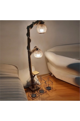 Uzun Ahşap Halatlı 2li Sarı Ledli Lambader Abajur Aplik