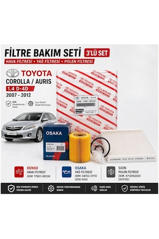 Toyota Corolla Auris 1.4 D-4d 2007-2012 Filtre Bakım Seti 3 Lü Hava + Yağ + Polen Filtre Seti Siyah