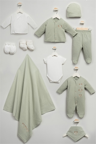 Sevimli Köpekcikler Desenli 10 Parça Kutulu Yenidoğan Hastane Çıkışı Zıbın Seti Yeşil