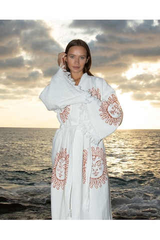 Befera Müslin Kimono Pamuklu Güneş Baskılı Desenli Bornoz Kaftan Sabahlık Ekru