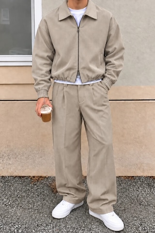 Tarz Cool Erkek Oversize Çift Fermuarlı Ceket Ve Baggy Pantolon Alt Üst Takım Bej