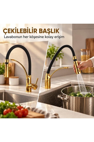 Valkyrie Çekilebilir Başlıklı Mutfak Bataryası 2 Akışlı Esnek Hortumlu Altın Siyah Siyah - Altın