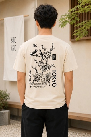 Novalisse Erkek Ön Ve Arka Tokyo Kuş Çiçek Baskılı Oversize T-shirt - Ekru Çoklu Renk