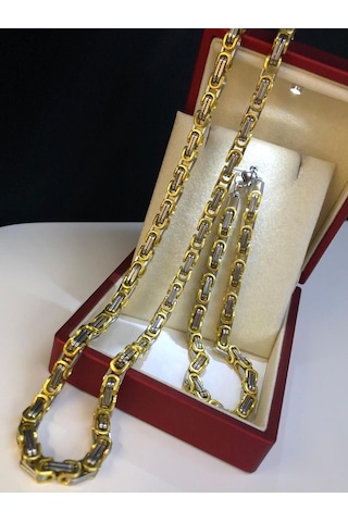 5mm Kral Erkek Çelik Sarı Beyaz Set Işıklı Kutuda Sevgiliye Eşe Babaya Bileklik Kolye