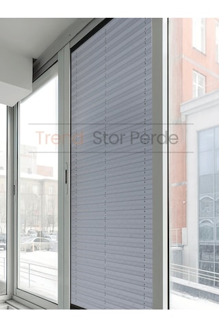 Mavi Gri Plise Katlanır Cam Balkon Perdesi - Ofis Perdesi - Salon Perdesi - 025 Mavi Gri